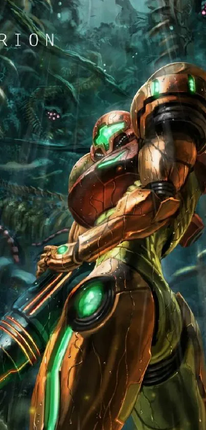 Futuristic space warrior in alien forest with green armor and glowing elements.