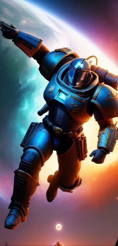 Futuristic warrior in space with a colorful cosmic background.