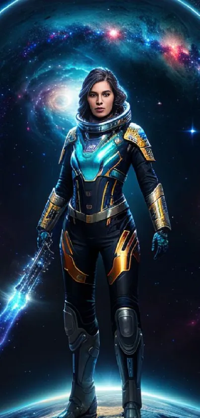 Futuristic female warrior in space with galaxy backdrop.