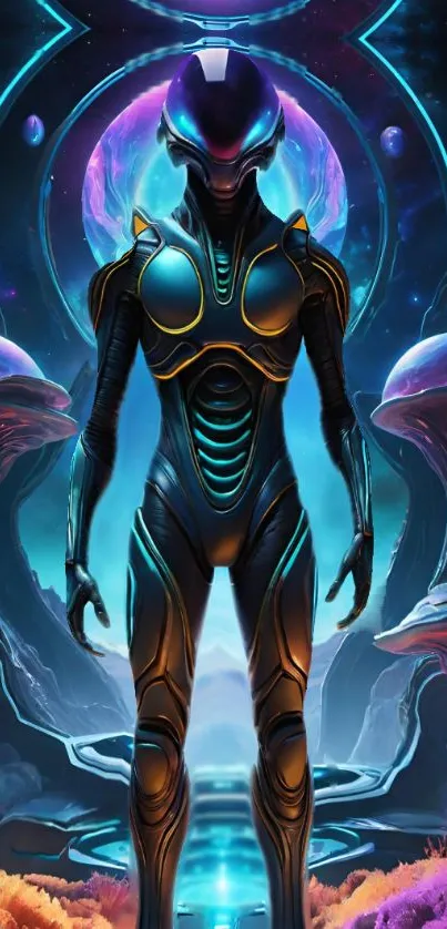 Futuristic space warrior stands in vibrant cosmic setting with alien tech.