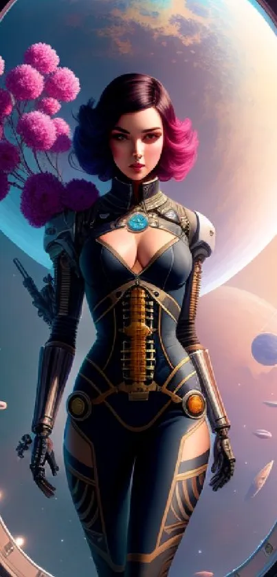 Futuristic female warrior in space with vibrant cosmic backdrop.