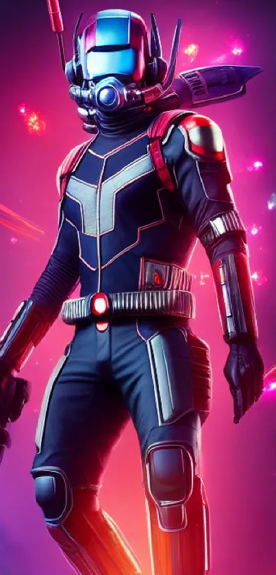 Futuristic space warrior with neon colors in a cosmic digital artwork.