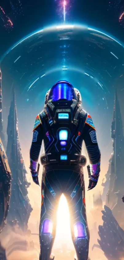 Futuristic space warrior standing in glowing cosmic landscape.