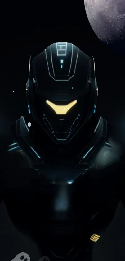 Futuristic armored figure with moonlit sky in a dark theme wallpaper.