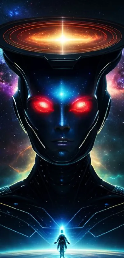 Futuristic warrior with glowing eyes under a cosmic sky.