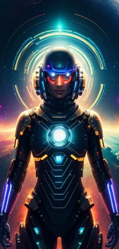 Futuristic armored warrior in space with neon lights.