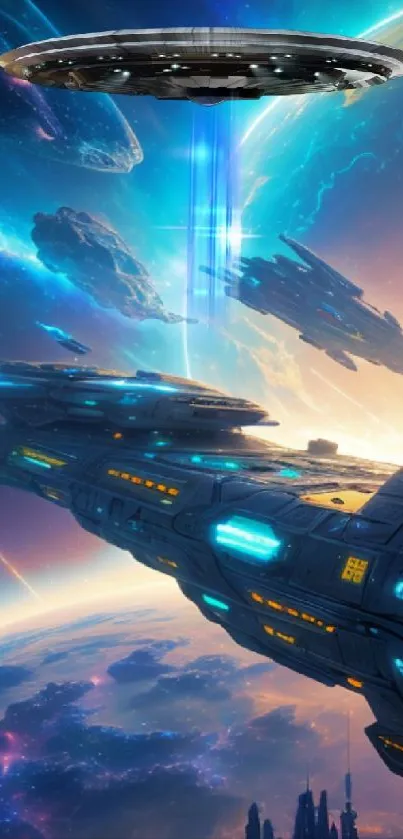 Futuristic spacecraft hovering in a vibrant galaxy with planets and stars.