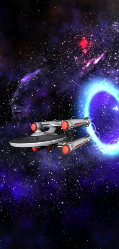 Futuristic spacecraft entering a vibrant galaxy portal.