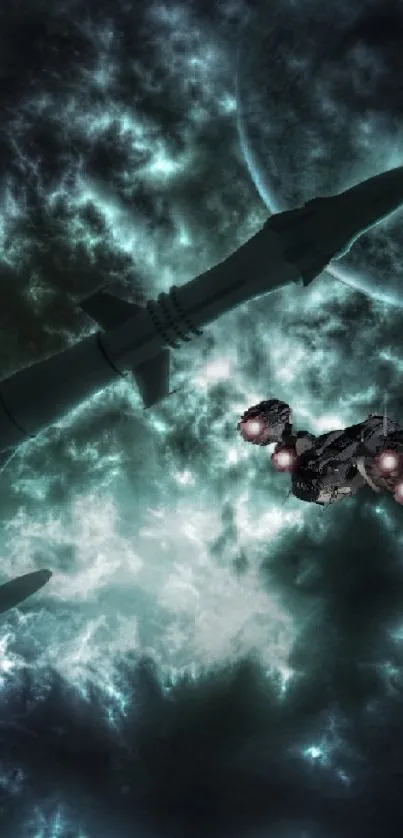 Futuristic spacecraft and nebula in space scene mobile wallpaper.