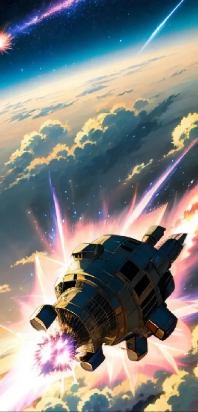 A dynamic illustration of a spacecraft soaring through a vibrant cosmic scene.