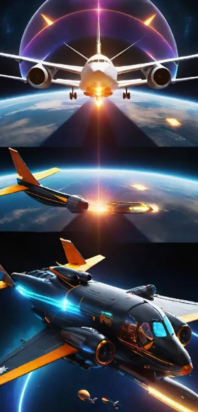 Futuristic spaceships flying over Earth with cosmic glow.