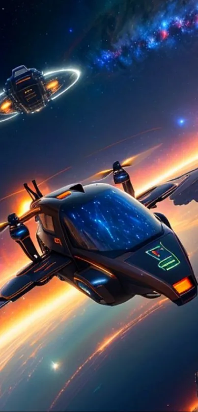 Futuristic spacecraft soaring through a vibrant galaxy with a starry cosmic backdrop.