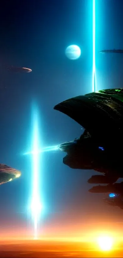 Futuristic spacecraft hover with neon lights against a vibrant sunrise backdrop.