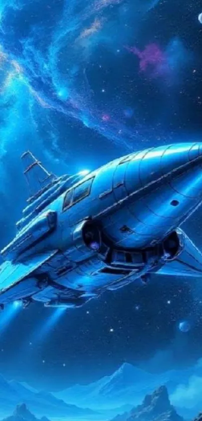 Futuristic spaceship soaring in vibrant galaxy.