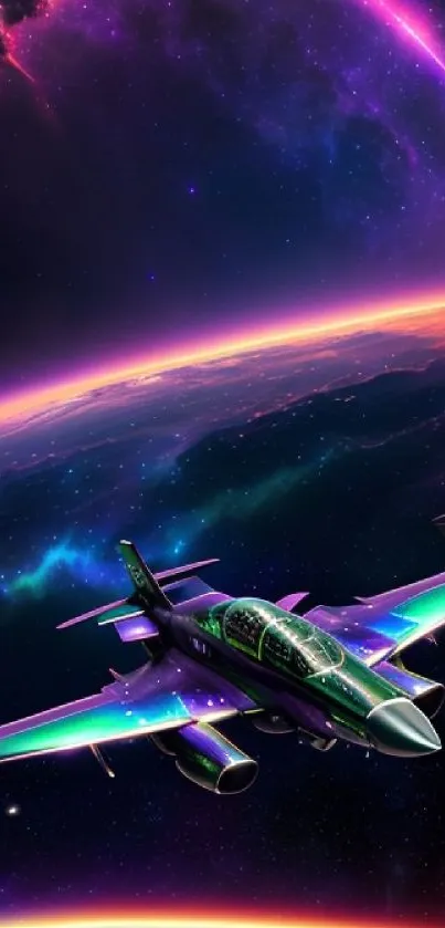 Futuristic spacecraft flying in vibrant galaxy with purple and green hues.