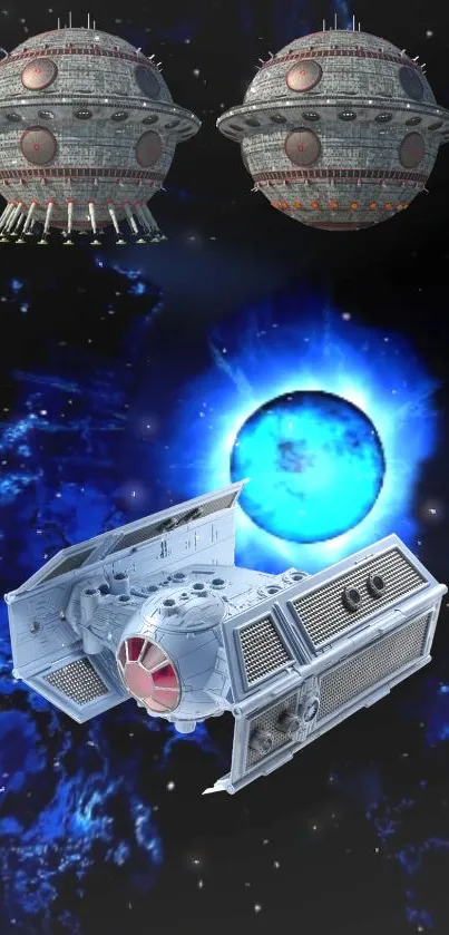 Futuristic spacecraft and blue galaxy with stars in space.