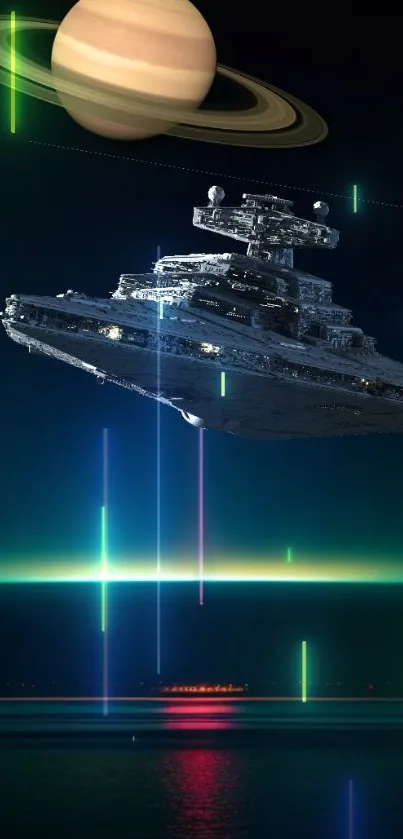 Futuristic starship flying near a ringed planet on a dark galaxy background.