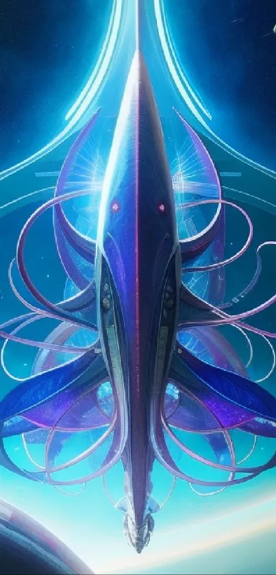 Futuristic spacecraft with cosmic blue and purple light set against a starry space backdrop.