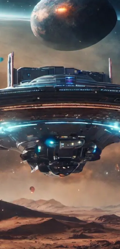 Futuristic spaceship hovering in an alien desert landscape with celestial backdrop.