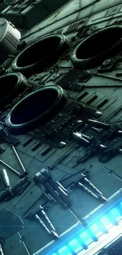 Futuristic spaceship with dark gray tones and blue accents in space.