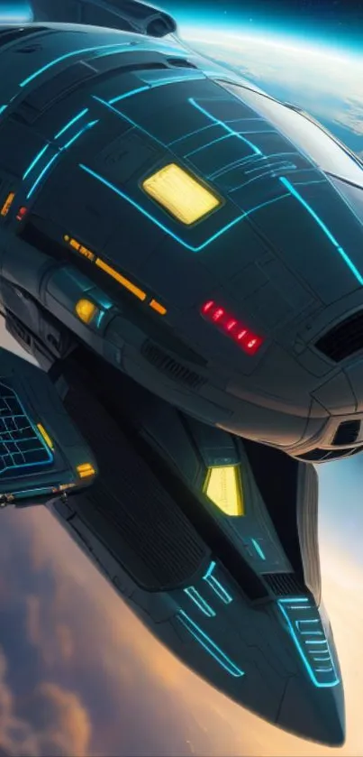 Futuristic spaceship flying above a planet with neon accents.