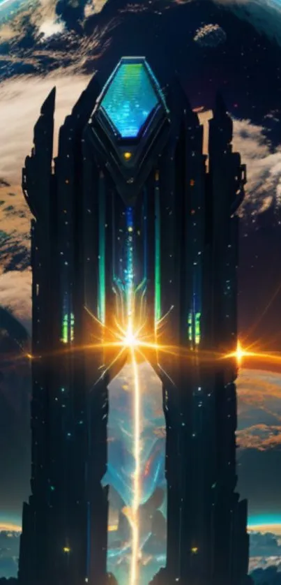 Futuristic spaceship with Earth backdrop wallpaper