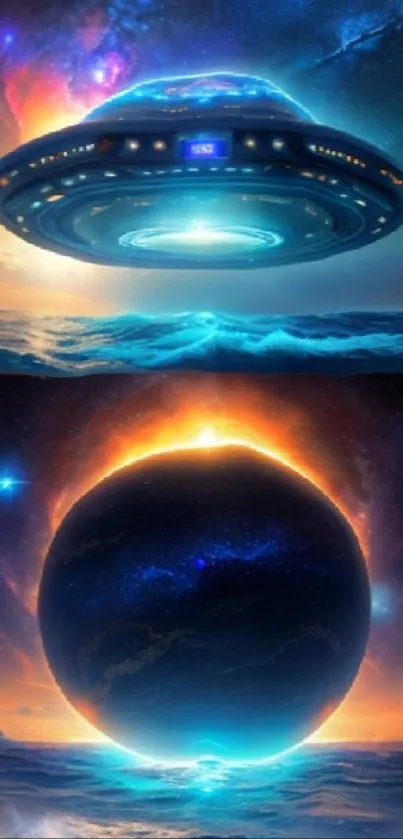 Futuristic spaceship hovering above ocean, planet glowing in vibrant cosmic scene.