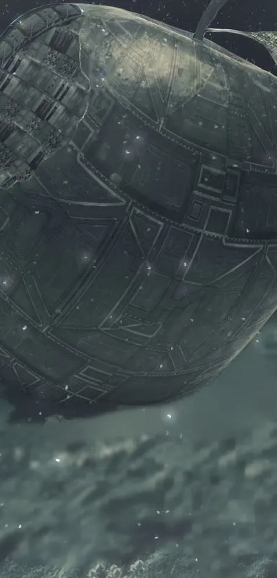Futuristic apple-shaped spaceship in space.