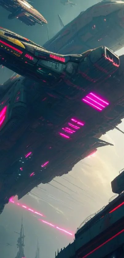 Futuristic spaceship armada with neon lights.