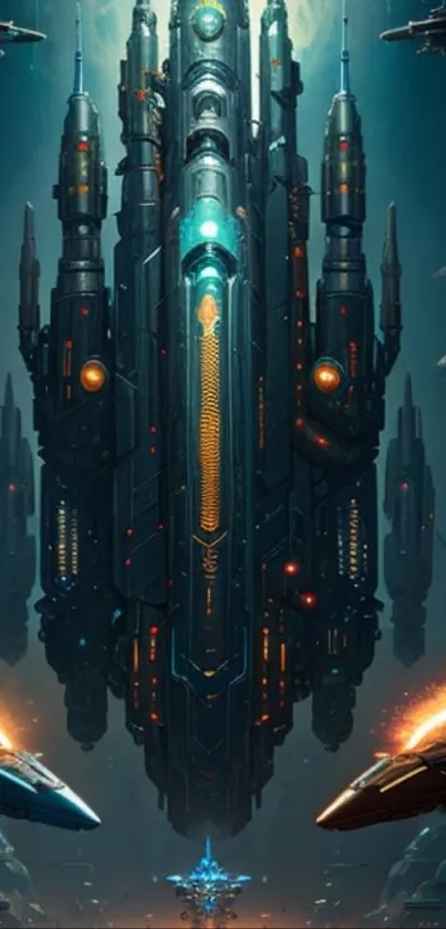Futuristic spaceship armada in deep space, showcasing iridescent starships.