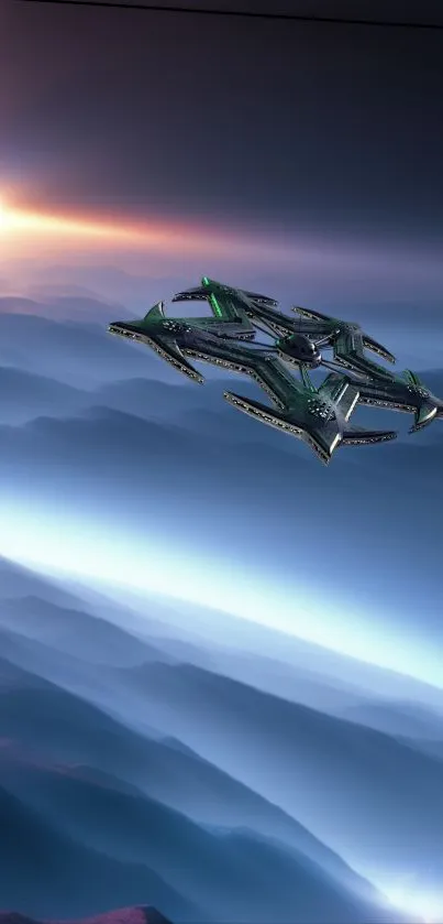 Futuristic spaceship flying over misty mountains at sunrise.