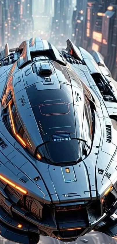 Futuristic spaceship soaring over cityscape.