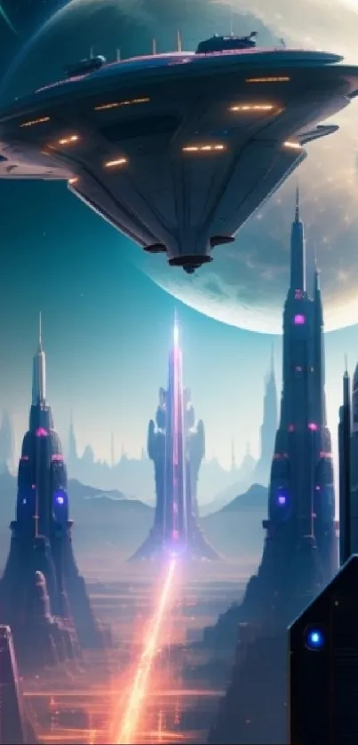 Futuristic city with spaceship under a glowing moon.