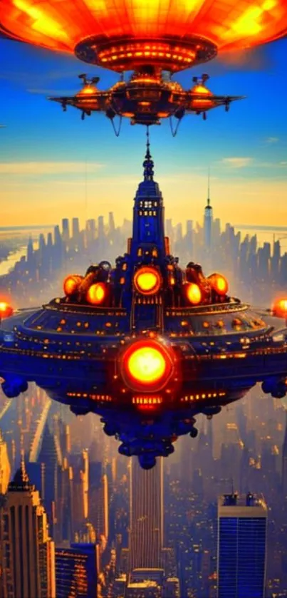 Futuristic spaceship hovering over cityscape with glowing orange lights.