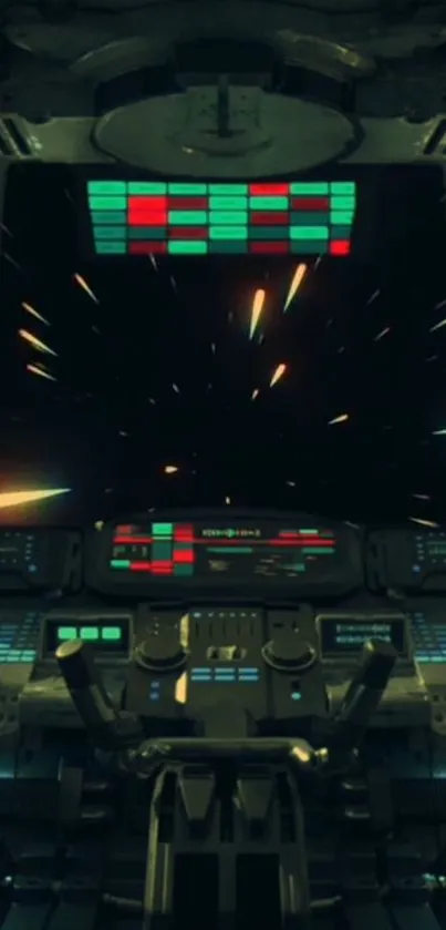 Futuristic spaceship cockpit with digital controls and star-filled space view.