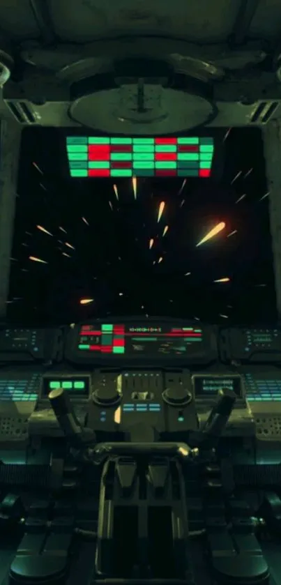 Futuristic spaceship cockpit with vibrant controls and starry view.