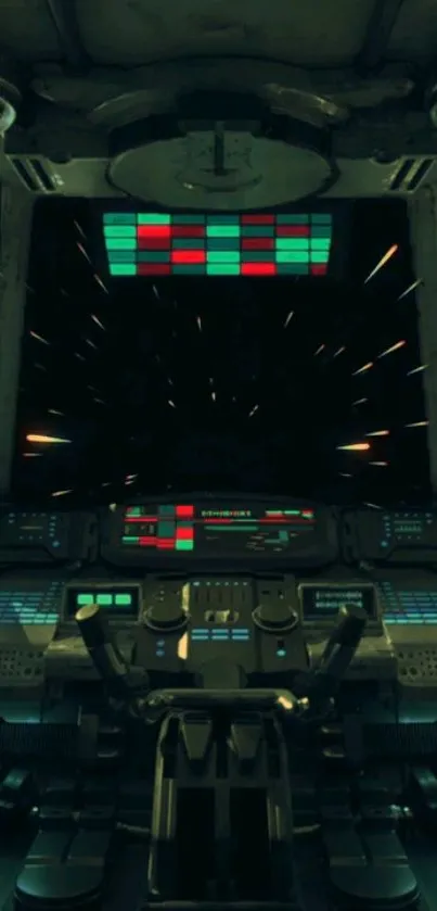 Futuristic spaceship cockpit with control panels and lights.