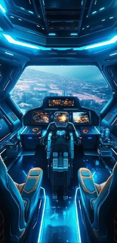Futuristic spaceship cockpit with blue lighting and city view.