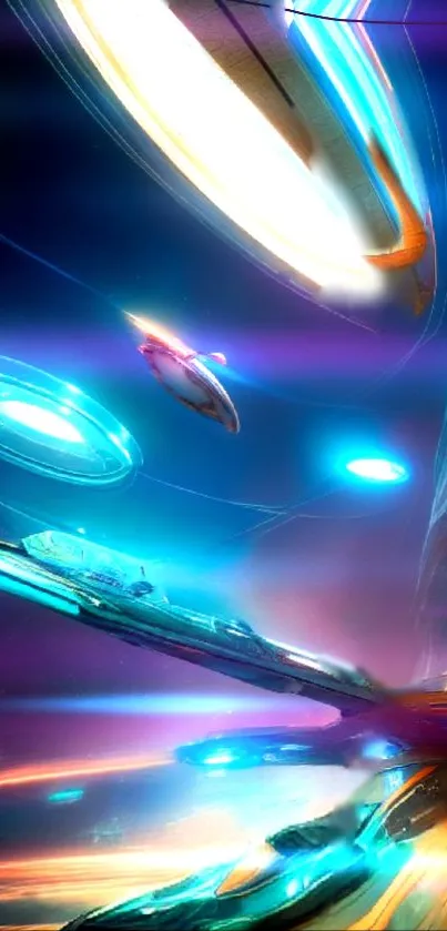 Futuristic spaceship dock with glowing lights in a sci-fi scene, perfect for mobile wallpaper.
