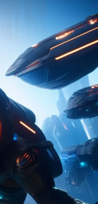 Futuristic spaceships with glowing neon lights in a blue sky.