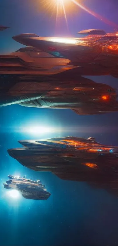 Futuristic spaceships flying in cosmic space with vibrant lights.