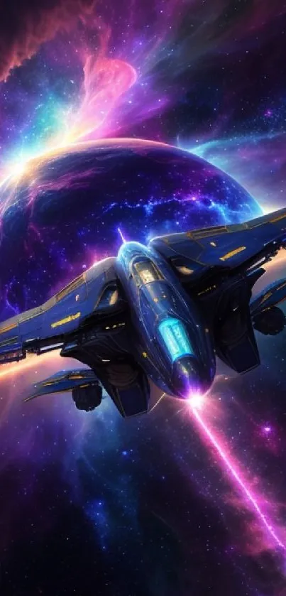Futuristic spaceship flying through colorful galaxy with vibrant purple hues.