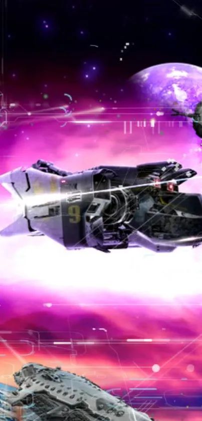 Futuristic spaceship in purple galaxy with vibrant cosmic elements.