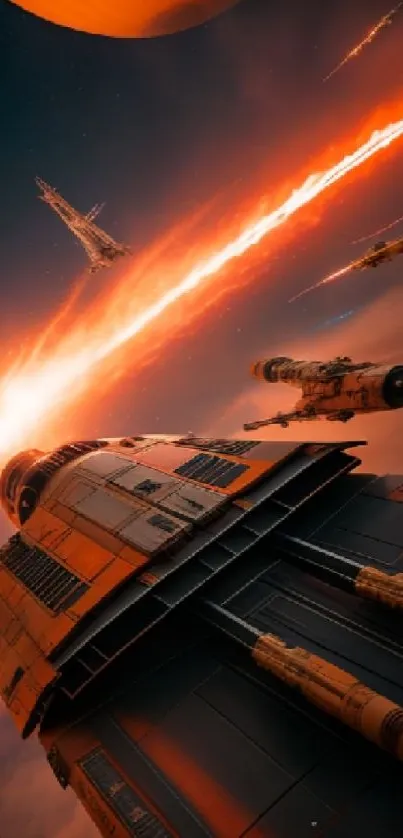 Futuristic spaceship in glowing orange space battle scene.