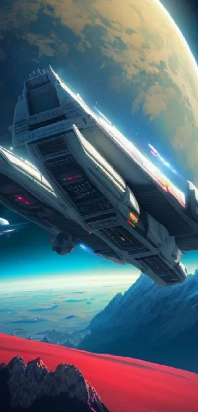 Futuristic spaceship flying near a distant planet in a vibrant galaxy scene.