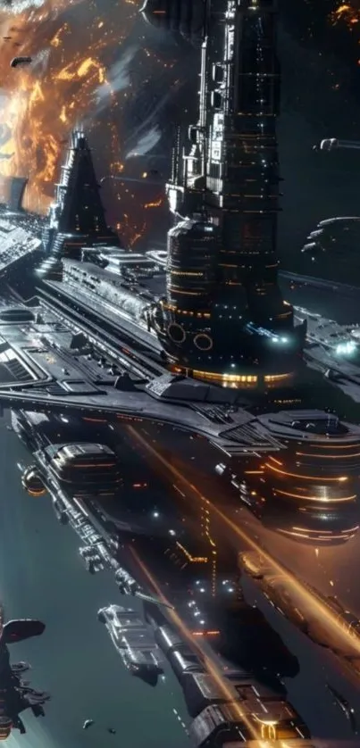 Futuristic spaceship in a cosmic scene with vibrant lighting.