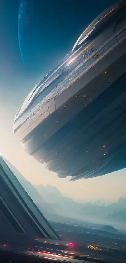 Futuristic spaceship near alien horizon with cosmic backdrop.