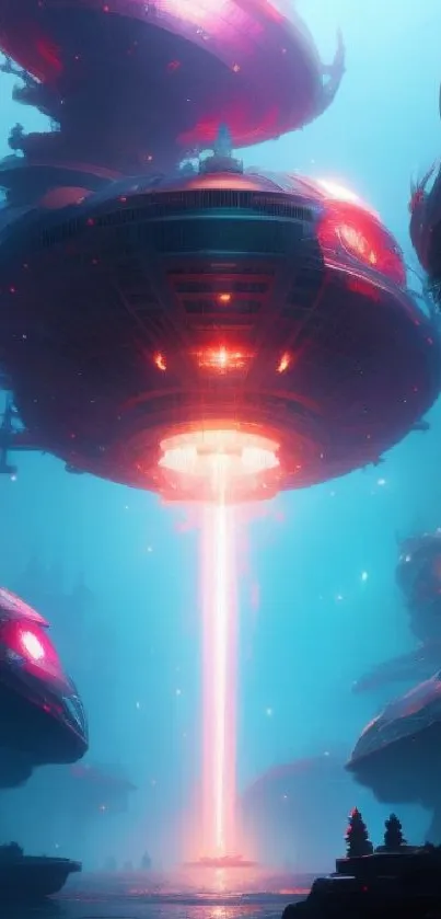 Futuristic glowing spaceships in a neon cityscape with vibrant turquoise lighting.