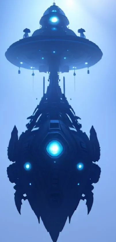 Futuristic spaceship hovering in a bright blue sky with glowing elements.