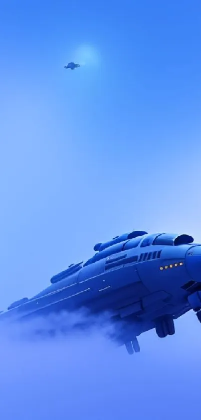 Futuristic spaceship soaring through a bright blue sky, creating a serene atmosphere.